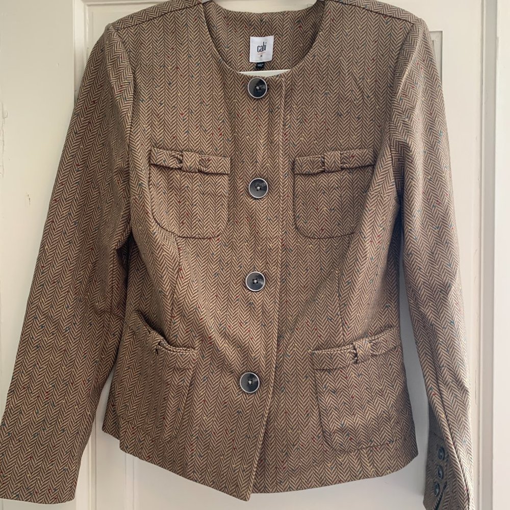 cabi tan herringbone fleck penny pocket blazer jacket